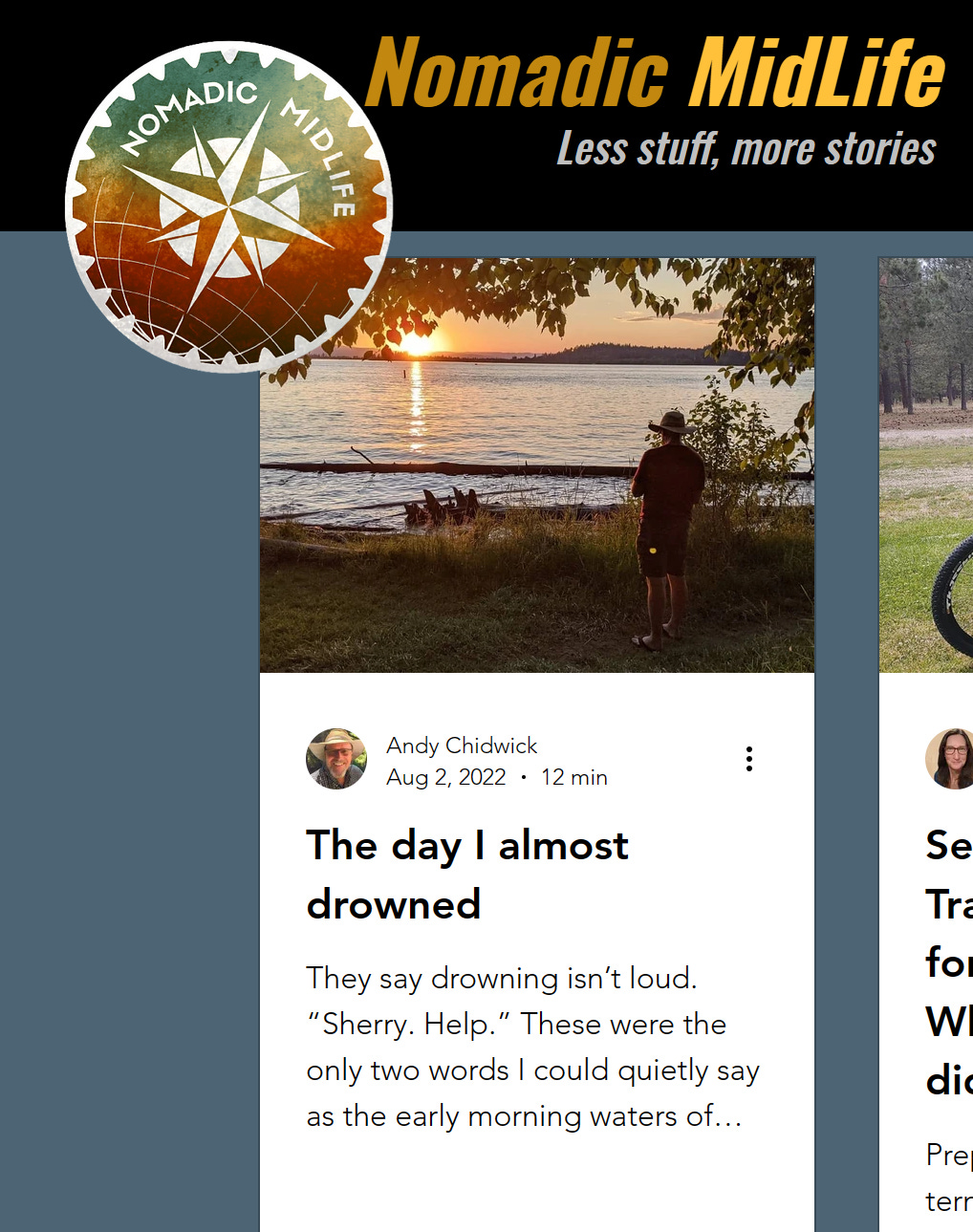 screenshot from nomadicmidlife.com, of a story entitled "The Day I Almost Drowned"