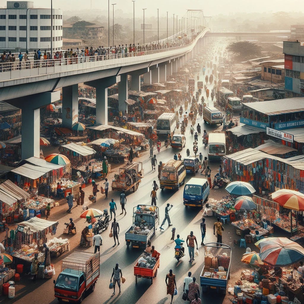 A bustling scene at Madina Market in Accra, Ghana, located by the highway and near a pedestrian footbridge on JJ Rawlings Avenue. The image captures the dynamic energy of market traders hustling, with stalls and vendors selling various goods. People are actively buying and selling, creating a lively atmosphere. The background shows the busy highway and the pedestrian footbridge, depicting the urban setting of the market.