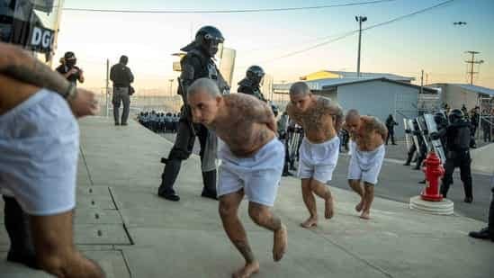 Handout picture released by the Press Secretary of the Presidency of El Salvador showing police officers keeping watch during the arrival of inmates belonging to the MS-13 and 18 gangs to the new prison "Terrorist Confinement Centre" (CECOT), in Tecoluca, 74 km southeast of San Salvador, on February 24, 2023.(AFP)