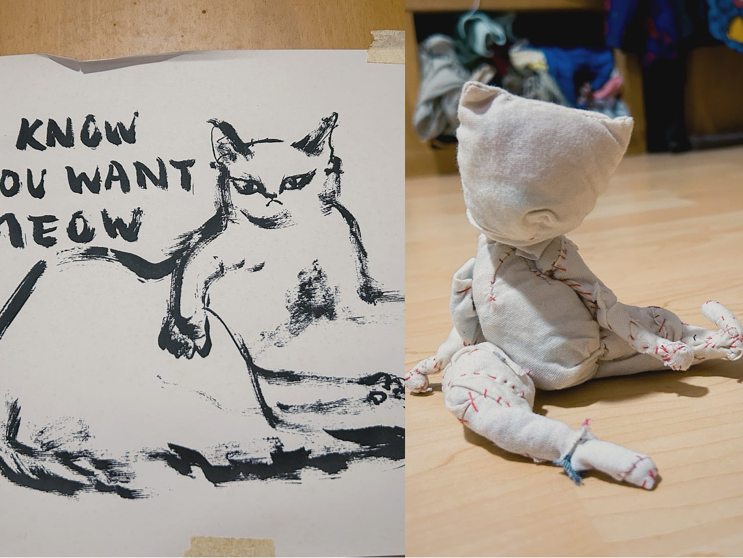 Cat ink drawing and cat soft sculpture in alluring pose
