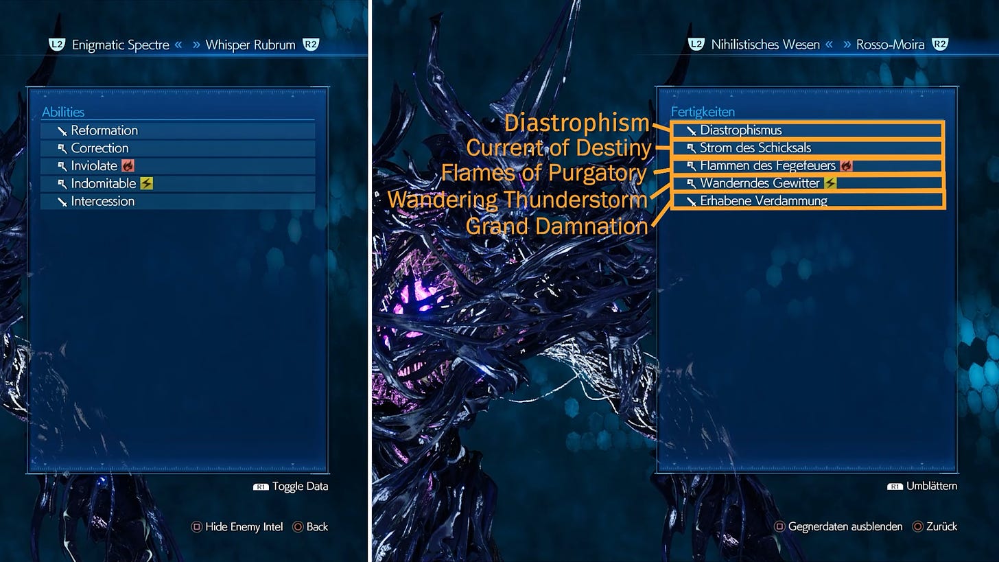 Comparing the English and German versions of Whisper Harbinger's attack names.