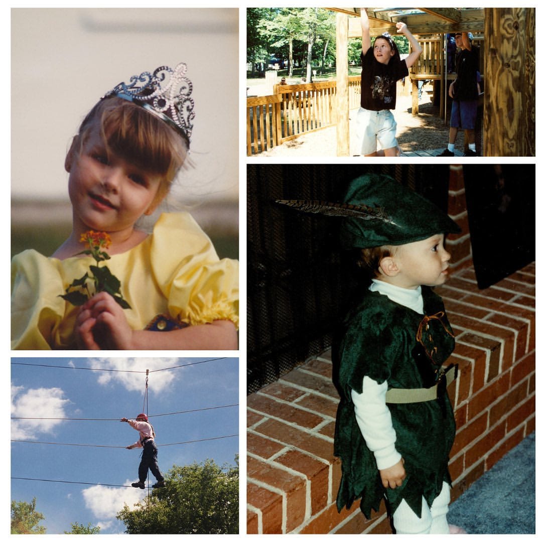 Young Sarah in Belle costume holding rose. Preteen Sarah walking a wire on a high ropes course. Preteen Gracie on monkey bars. Young Gracie in a Peter Pan costume.