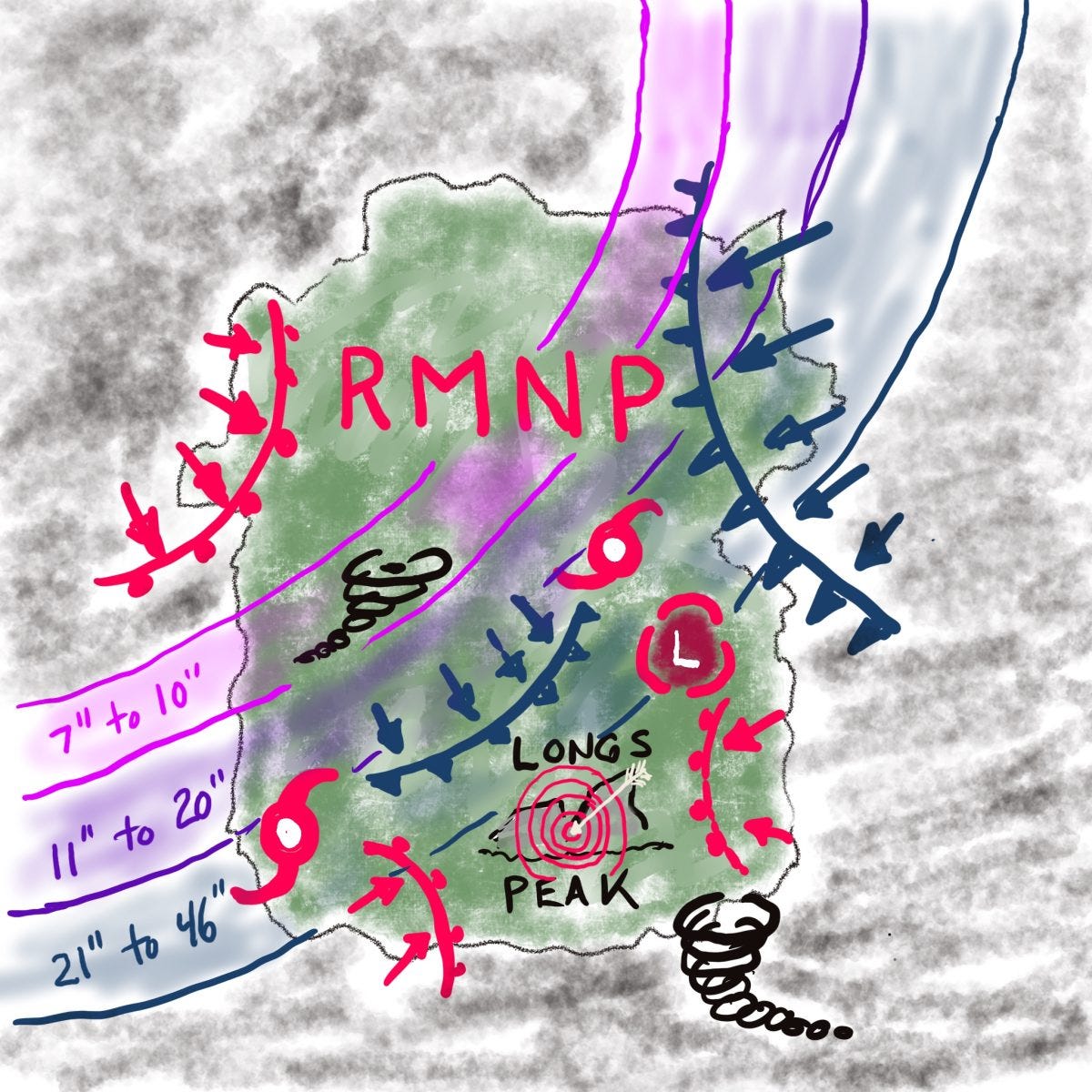 A cartoon weather map showing threats of feet of snow and tornadoes in Rocky Mountain National Park at the same time