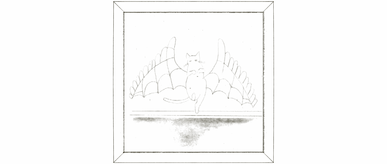 Line drawing of a cat mid-flight with oversized, stylized wings resembling feathers or sails. The scene is framed like a picture, capturing a sense of magical ascent.