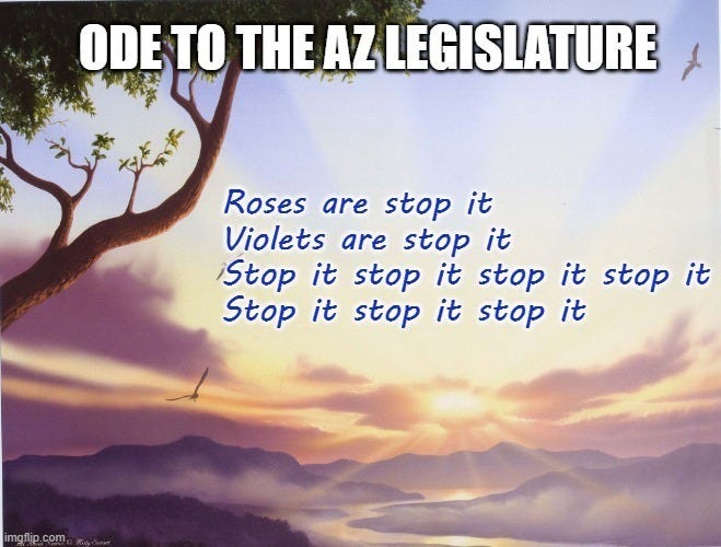 Bucolic image of sun setting over mountains with caption "Ode to the AZ Legislature: Roses are red, Violets are blue, stop it stop it stop it stop it stop it stop it stop it"