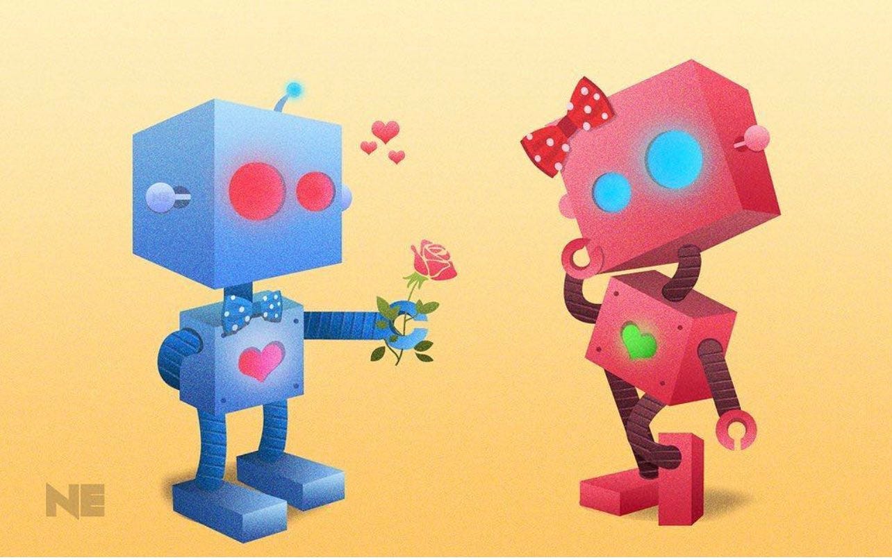 An illustration of two robot lovers exchanging flowers by Nonso Eagle
