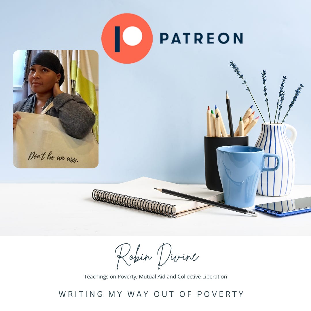 A cover for my Patreon with an image of me in a grey headwrap, grey sweater holding a canvas bag that says "don't be an ass." The foreground picture is of a work desk with blue pencil, blue notebook and a blue vase with sparse flowers. 