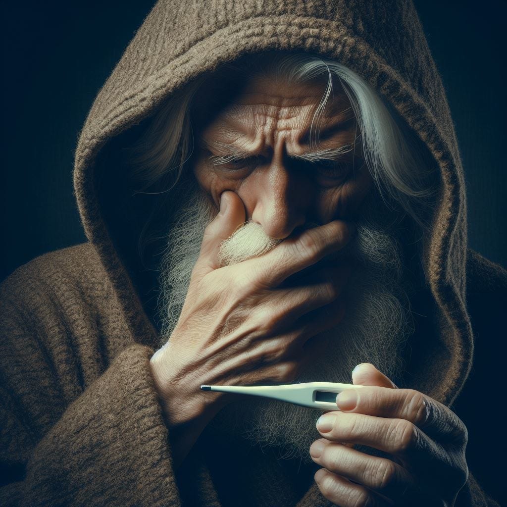 Old man in a hooded robe in a dark room, reading an oral thermometer in dismay.
