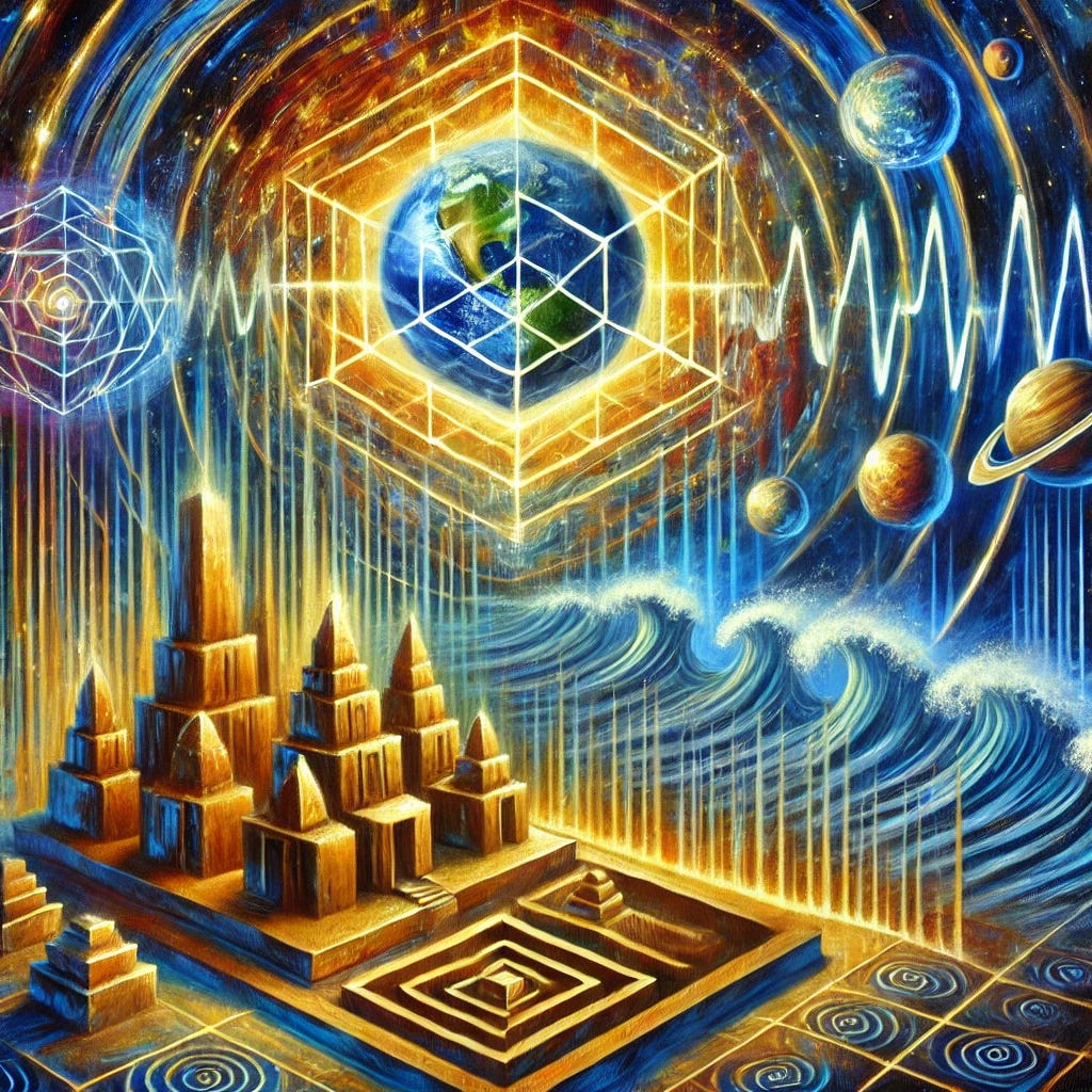 A vibrant oil painting representing the profound connections between physics, finance, and ancient knowledge. The foreground shows geometric structures resembling ancient temples aligned on a glowing planetary grid, symbolizing earth's energy nodes. In the background, cosmic interference patterns and celestial bodies (like planets and stars) weave through space, reflecting wave cycles influencing economic activity. The composition uses bold, rich colors—deep blues, golds, and silvers—to symbolize energy, wealth, and knowledge. Expressive strokes create a dynamic interplay between the physical and metaphysical themes, evoking unity in ancient and modern systems.