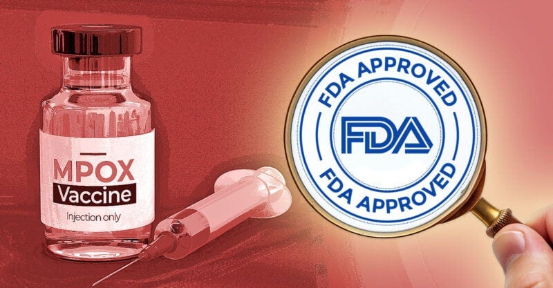 mpox vaccine bottle and magnifying glass with "fda approved" inside