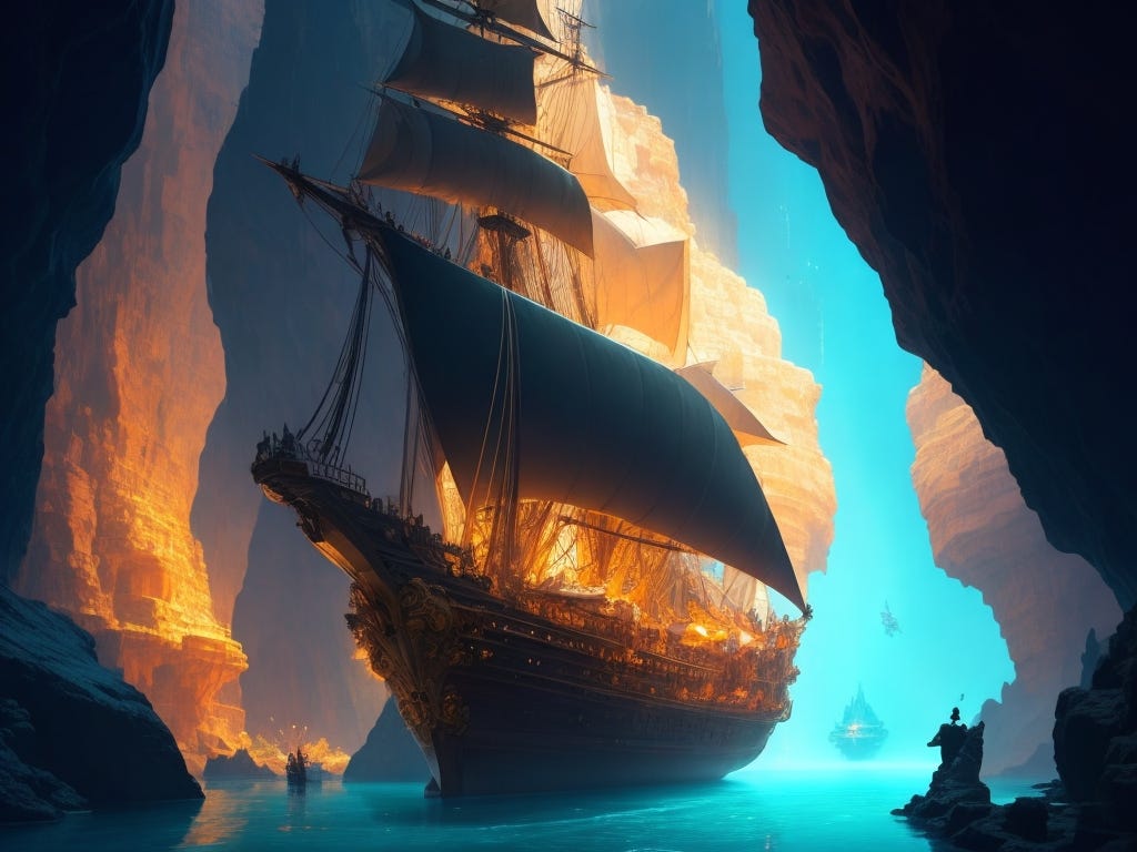 Ship sailing in a giant underground cavern, 4k resolution concept art, Artgerm, WLOP, Alphonse Mucha, 3d render, octane render, intricately detailed, cinematic, trending on artstation | Isometric | Centered hipereallistic cover photo awesome full color, hand drawn, dark, gritty, realistic mucha, klimt, erte .12k, intricate. hit definition , cinematic,Rough sketch, mix of bold dark lines and loose lines, bold lines.