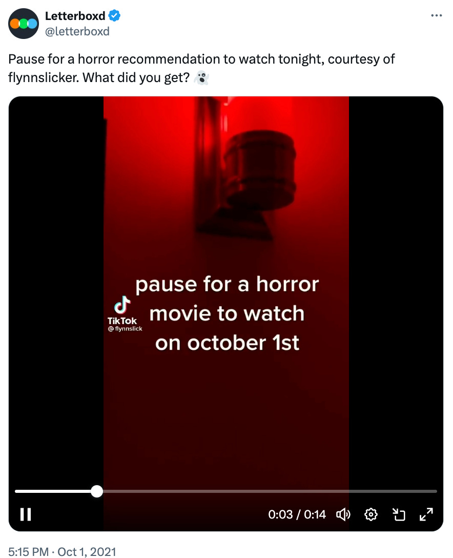 Tweet that says "Pause for a horror recommendation to watch tonight, courtesy of flynnslicker. What did you get? 👻" with a video cycling through movie titles quickly