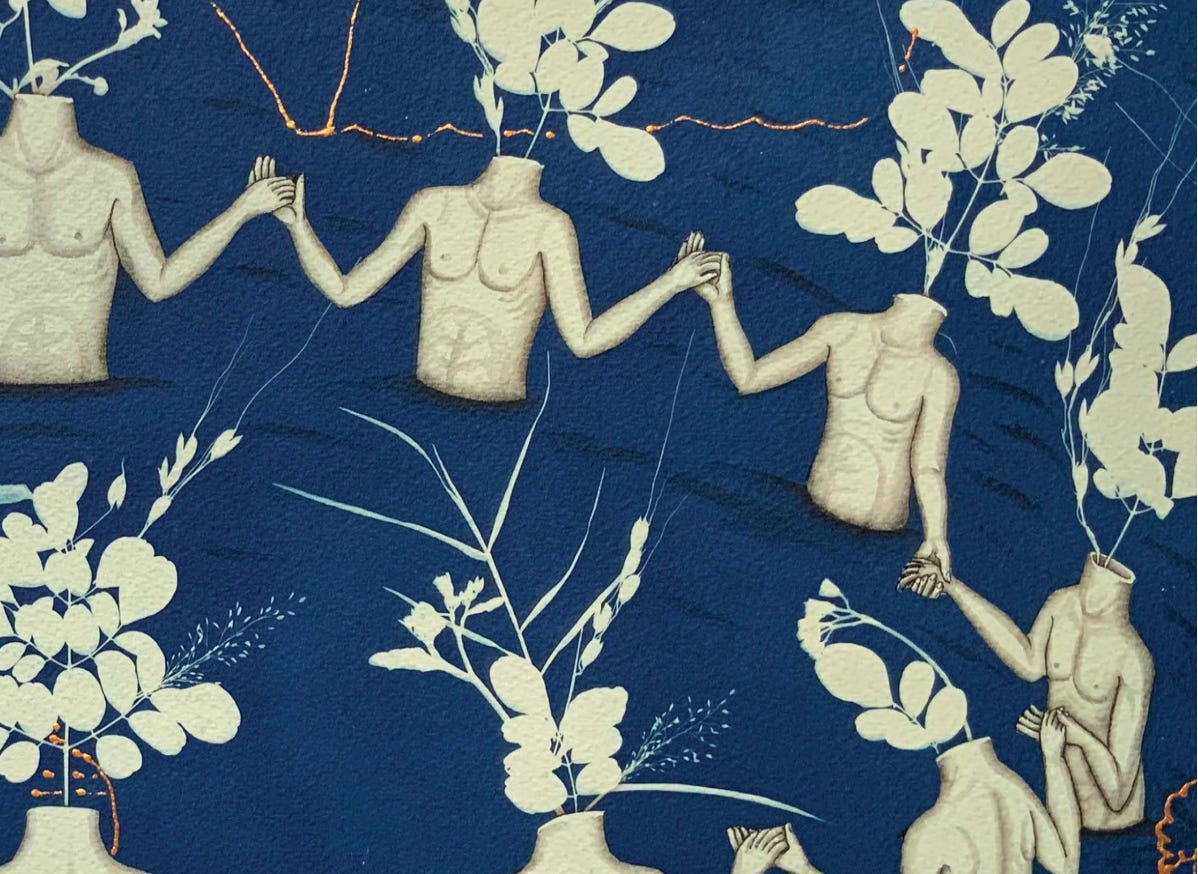 A cyanotype detail of masculine-looking headless torsos, holding hands, with flowers sprouting from the flat surfaces of their necks.