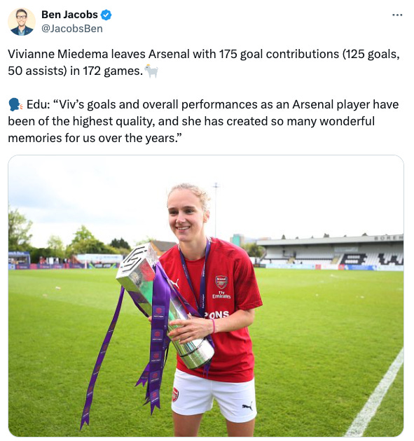 A tweet by Ben Jacobs about Vivianne Miedema leaving Arsenal