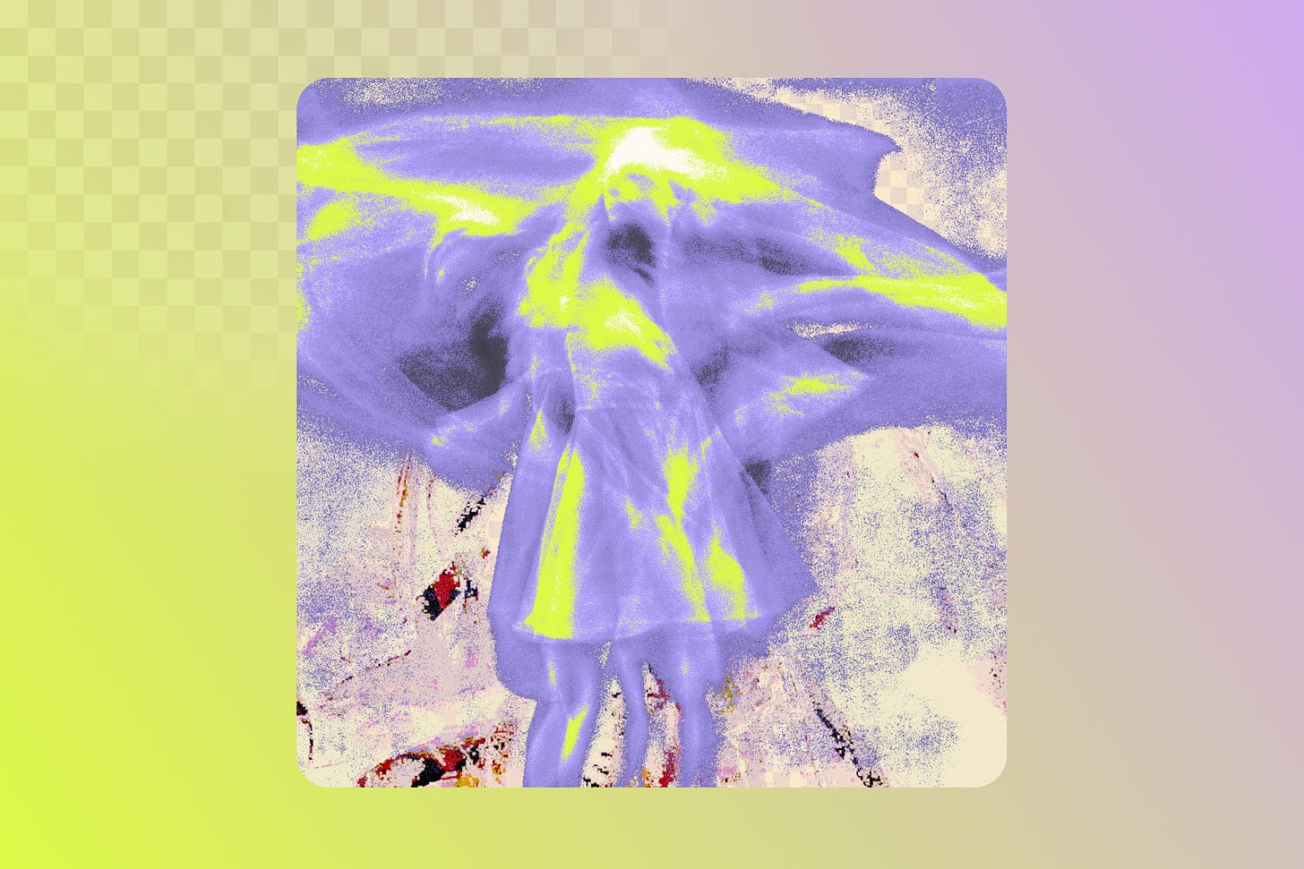 Image of an abstract, swooshing painting in mostly purple and neon green against a faded gradient background. Some work in progress design elements reveal themselves within the image