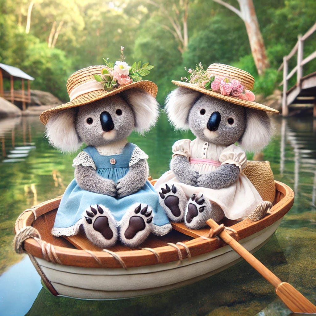 Two adorable koala bears dressed as grown women wearing elegant sun hats and summer dresses, relaxing comfortably in a small wooden rowboat floating gently on a calm lake. They are sunning themselves, enjoying a sunny afternoon, surrounded by lush greenery and serene water reflecting the blue sky.