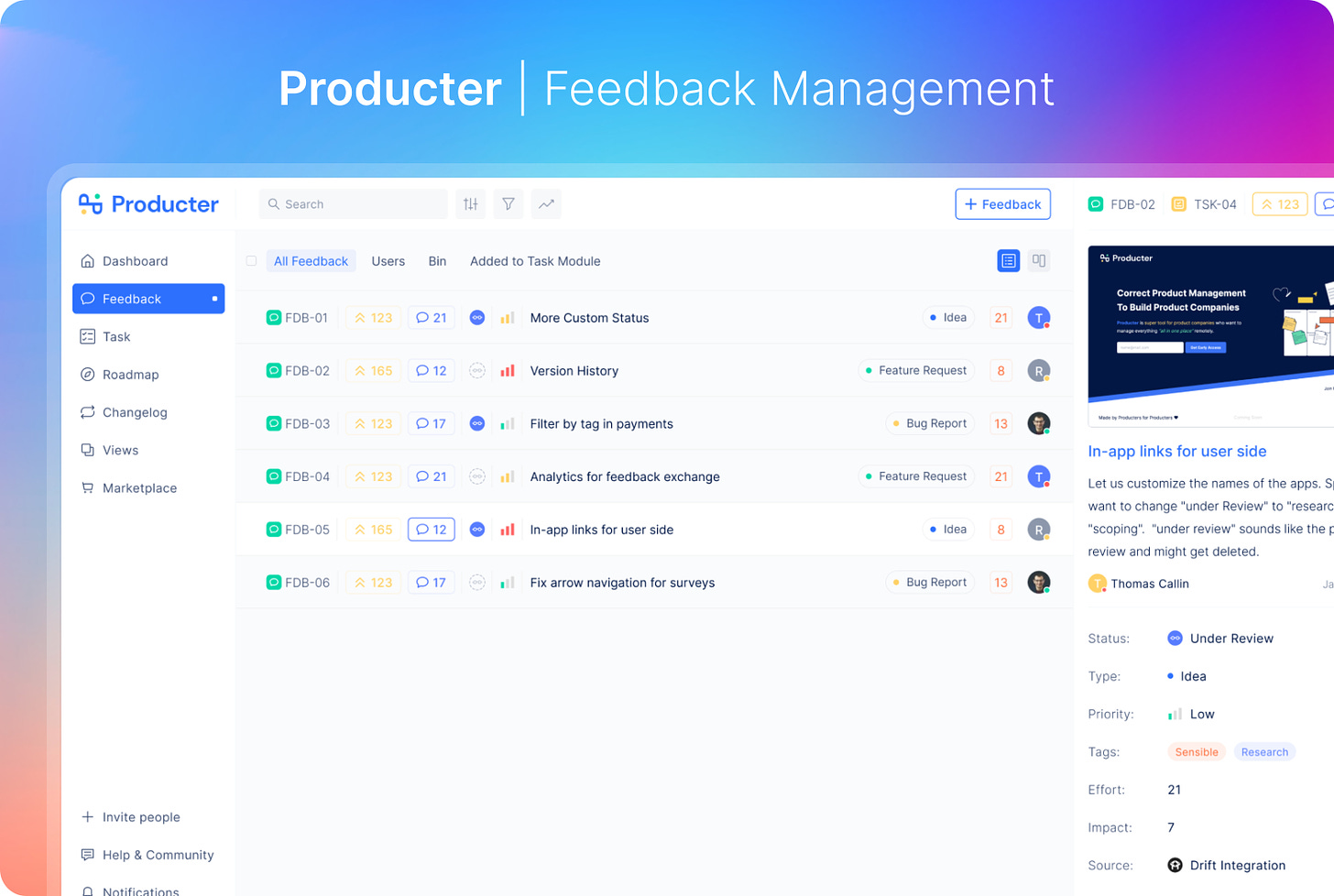 Collect user feedback from different channels with Producter