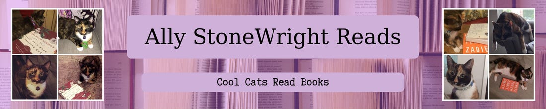 Background image of books, pages facing out, with a purple tint, foregrounded by two images of our cats with books by their namesakes--Zora Neale Hurston and Zadie Smith--bracketing lavender backgrounded text "Ally StoneWright Reads" with the subtitle "Cool Cats Read Books"