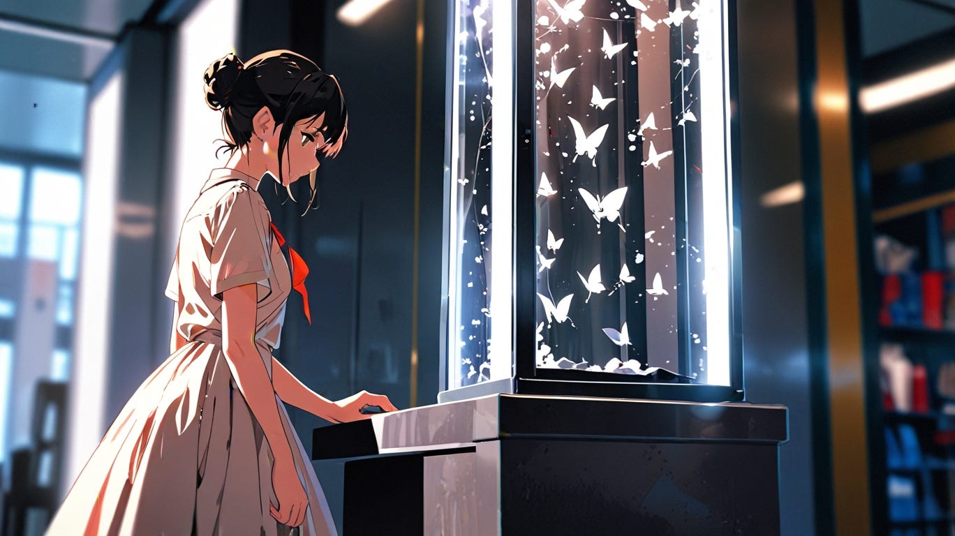 ilustración estilo manga de una mujer mirando unas mariposas mágicas en cautiverio