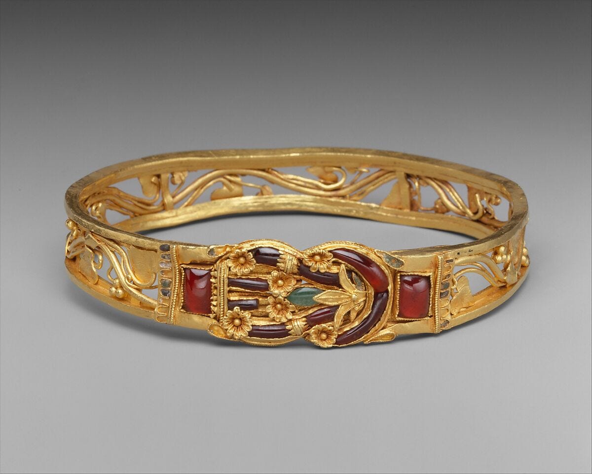 Gold armband with Herakles knot, Gold inlaid with garnets, emeralds, and enamel, Greek 
