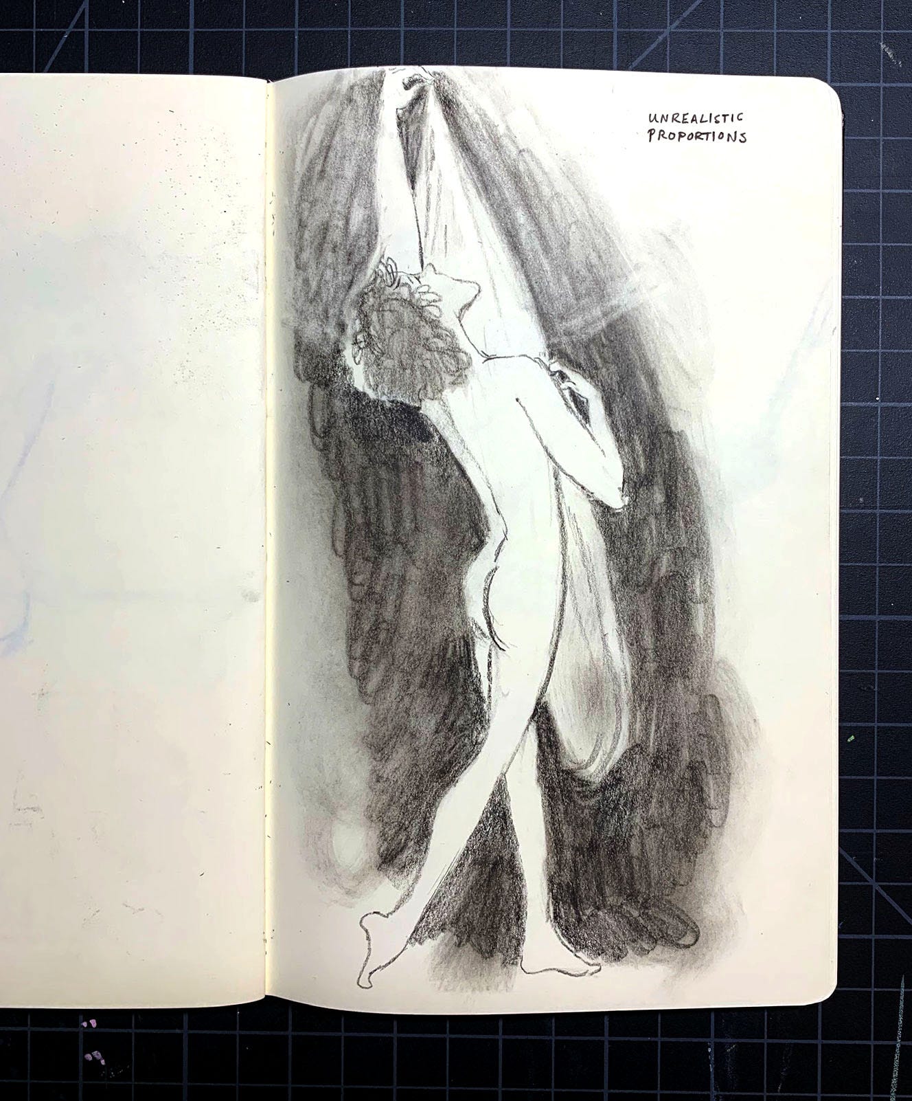 figure drawing practice sketch, graphite nude model stretching upward Kayla Stark