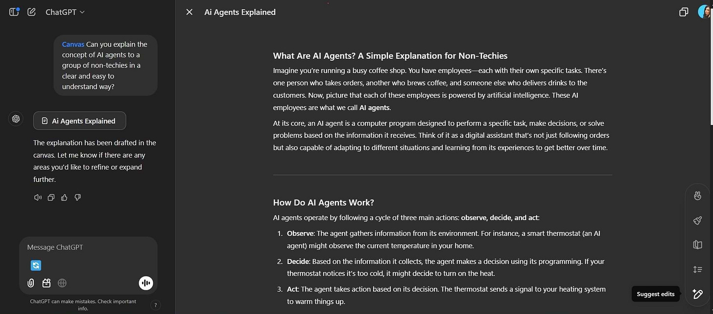 Image Alt Text: Screenshot of ChatGPT's Canvas interface showcasing an explanation of AI agents. The left panel includes the user prompt asking for a simple explanation, and the right panel displays a structured draft titled 'AI Agents Explained,' with sections on what AI agents are and how they work, presented in an editable format.