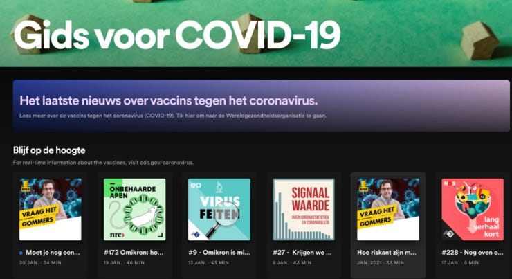 Screenshot van de Spotify-pagina met een link naar de Wereldgezondheidsorganisatie en aanbevelingen voor betrouwbare podcasts over corona.