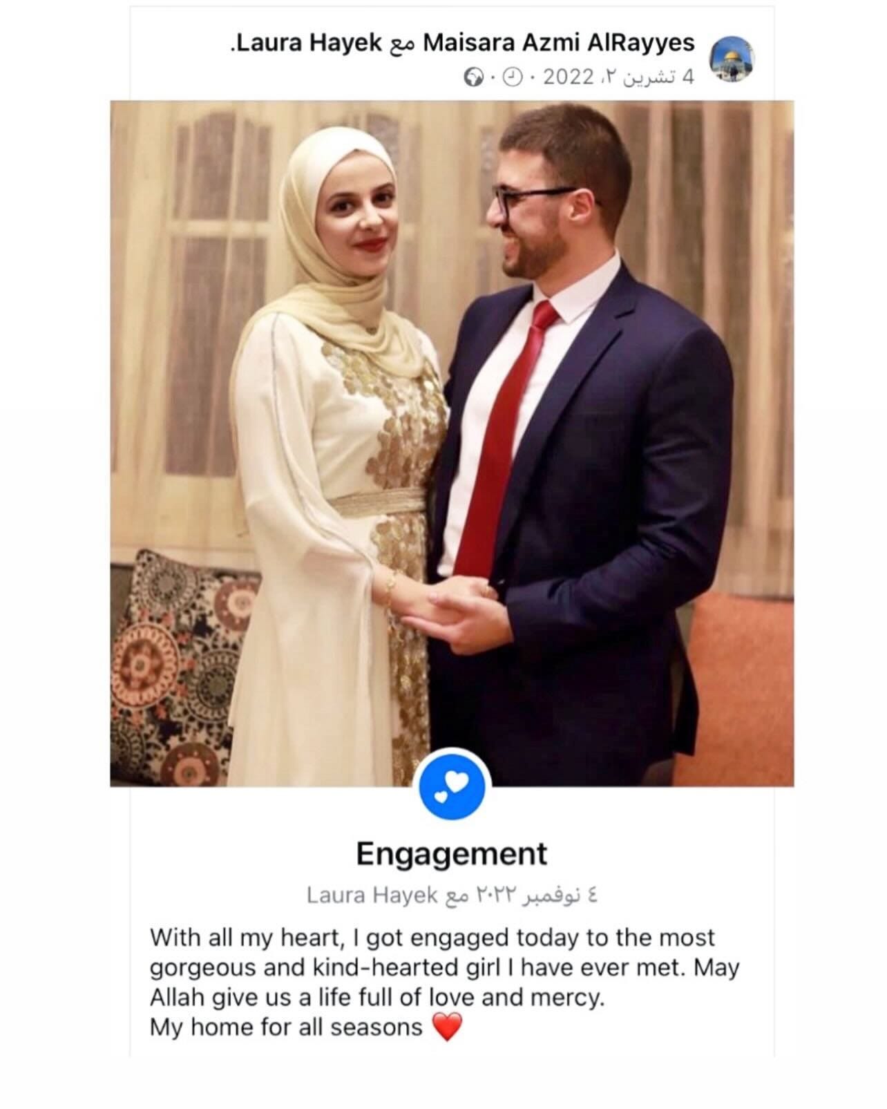 Photo by Wissam Nassar on November 07, 2023. May be an image of ‎2 people, wedding and ‎text that says '‎.Laura Hayek مع Maisara Azmi AlRayyes 2022 ٢ تشرین 4 Engagement Laura Hayek مع ۲۲۲۲ نوفمبر ٤ With all my heart, got engaged today to the most gorgeous and kind-hearted girl have ever met. May Allah give us a life full of love and mercy. My home for all seasons‎'‎‎.