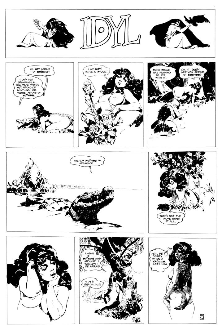 A full-page comic from Idyl by Jeffrey Catherine Jones, composed of nine panels. A nude woman lounges, converses, and interacts with animals like a crocodile. The dialogue is philosophical and humorous, dealing with fear, bravery, and semantics in an idyllic setting.