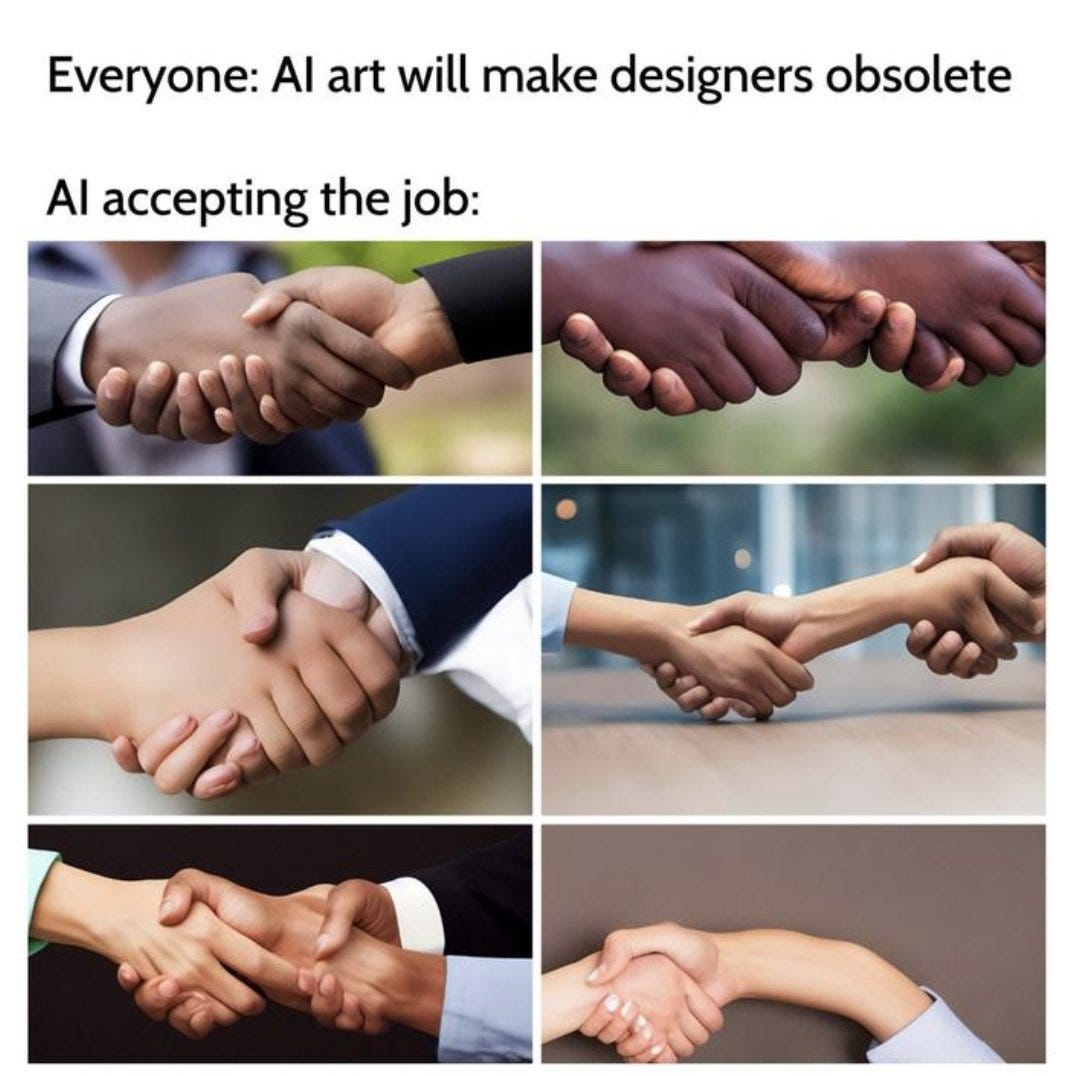 Meme with too many hands and fingers trying a handshake, generated by AI
