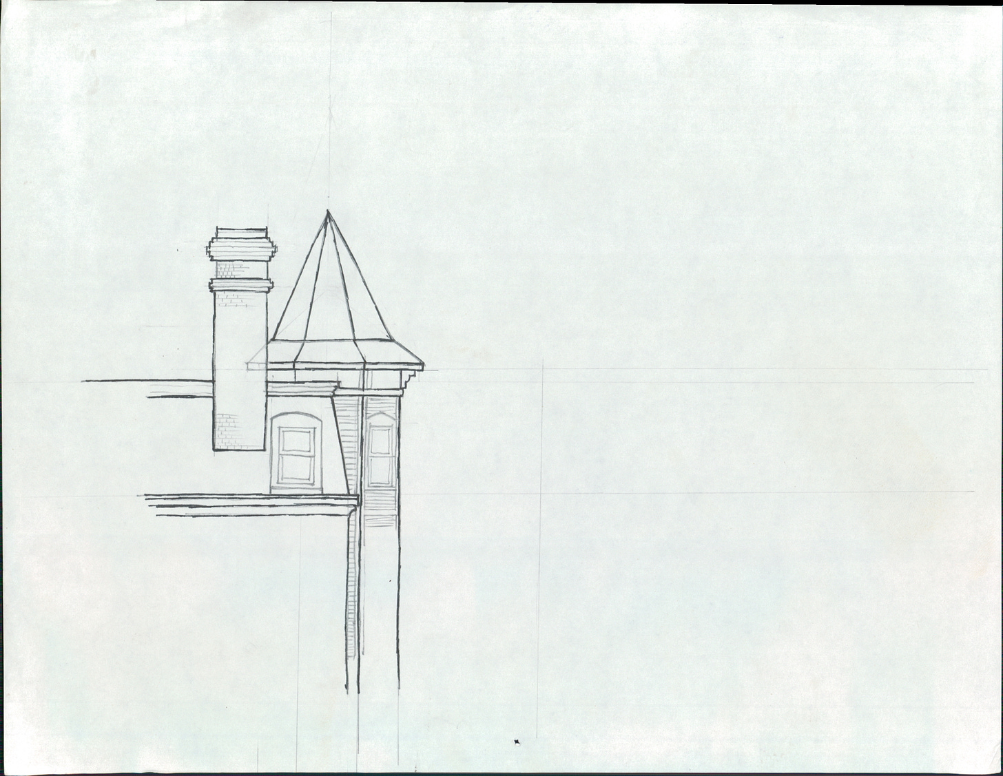 Line drawing of roof line of house with tower and windows. Perspective is from the side.