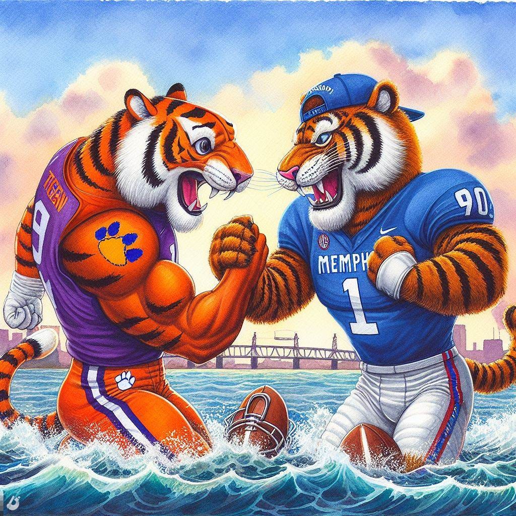 The Clemson Tigers mascot and the Memphis Tigers mascot wrestling in front of the Mississippi River, watercolor