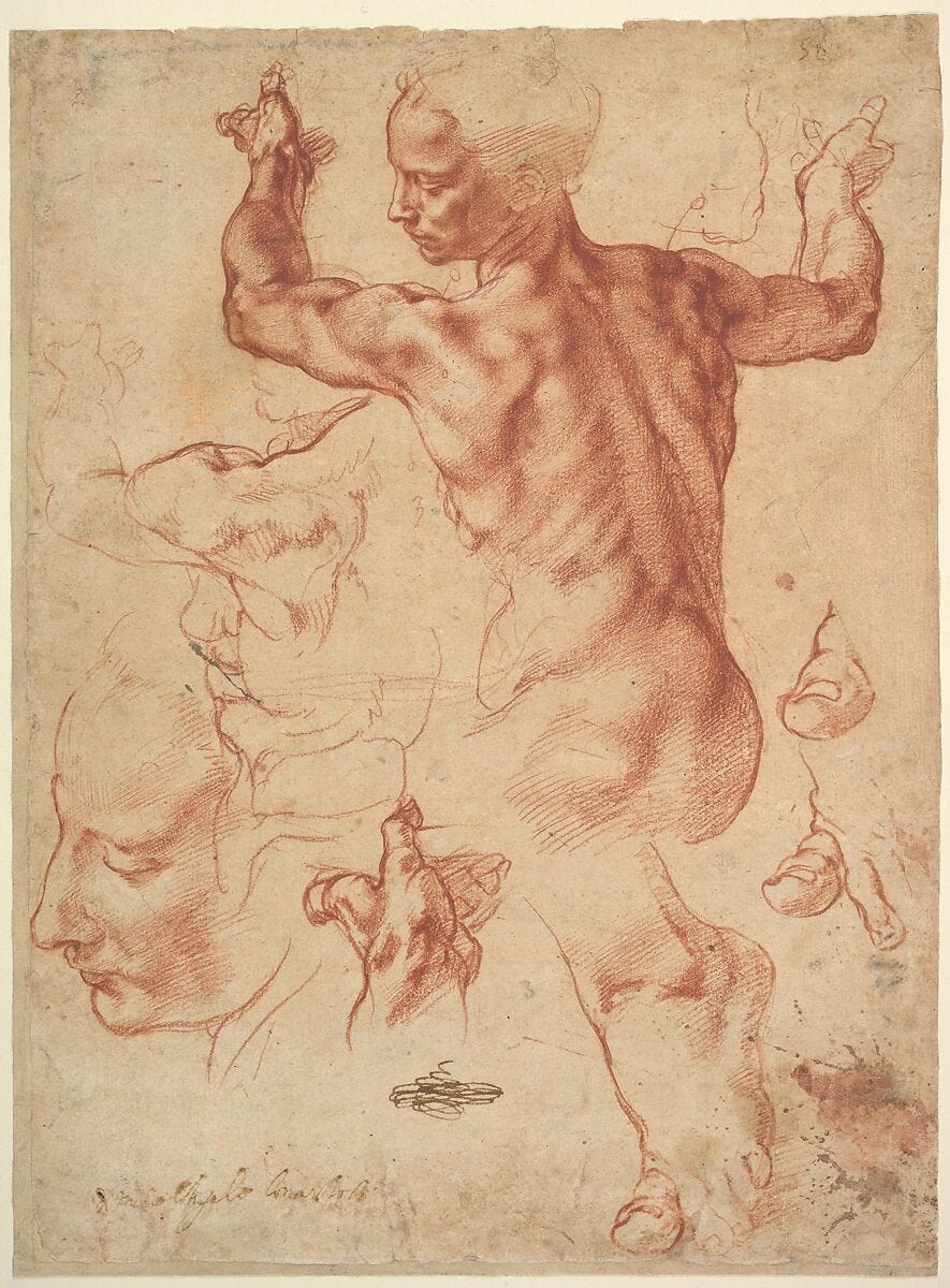 Studies for the Libyan Sibyl (recto); Studies for the Libyan Sibyl and a small Sketch for a Seated Figure (verso), Michelangelo Buonarroti (Italian, Caprese 1475–1564 Rome), Red chalk, with small accents of white chalk on the left shoulder of the figure in the main study (recto); soft black chalk, or less probably charcoal (verso) 