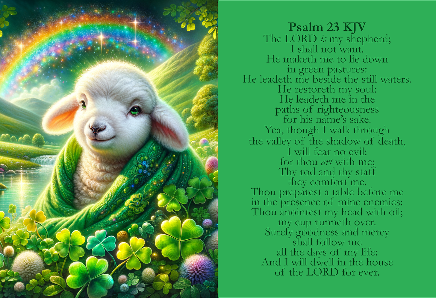 On the left side of the image, there is a highly detailed and idyllic scene rendered with a sense of whimsy and fantasy. A young lamb, with a gentle and joyful expression, sits at the center. It has soft, white fleece that looks fluffy to the touch, and its ears are tinged with a touch of pink, indicating a delicate texture. The lamb's eyes are a light, serene green, matching the shawl it's draped in, which suggests a sense of peace and comfort. The shawl itself is richly decorated with embroidery and gem-like embellishments that sparkle, adding a touch of magic. Surrounding the lamb, the ground is carpeted with a verdant array of plants, mainly clovers with a notable abundance of four-leaf clovers, which traditionally symbolize good luck. Amidst these are dotted colorful flowers, ranging from purple to pink hues, which add vibrancy to the scene.  In the background, the meadow transitions into softly rolling hills, suggesting a peaceful and untouched landscape. A calm river meanders through the valley, reflecting the light from above. Overarching the entire scene is a magnificent celestial rainbow that spans a spectrum of colors, from a deep violet to a warm red at the edges. This rainbow is not just a band of colors; it's interlaced with shimmering stars and nebula-like clouds, giving it a dreamlike quality as if it's not just a meteorological phenomenon but a bridge to a fantastical realm.  The right side of the image is a stark contrast to the left, dedicated entirely to text set against a solid green backdrop, which echoes the greenery in the illustration. The text is arranged in a block and is composed of several stanzas from Psalm 23 of the Bible. It's presented in a formal, serif font that conveys a sense of tradition and reverence. The color of the text is white, which stands out against the green background, making it easily readable. The passage speaks to the spiritual guidance and protection provided by the Lord, using the pastoral metaphor of a shepherd caring for his flock, which ties back to the image of the lamb on the left, creating a symbolic connection between the text and the illustration.  Overall, the image is a harmonious blend of a rich, imaginative illustration and a spiritual, reflective text, designed to evoke feelings of comfort, faith, and the beauty of nature.