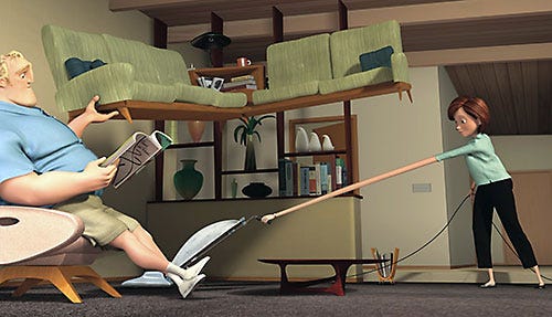 Helen Parr vacuums while Bob Parr lifts the couch