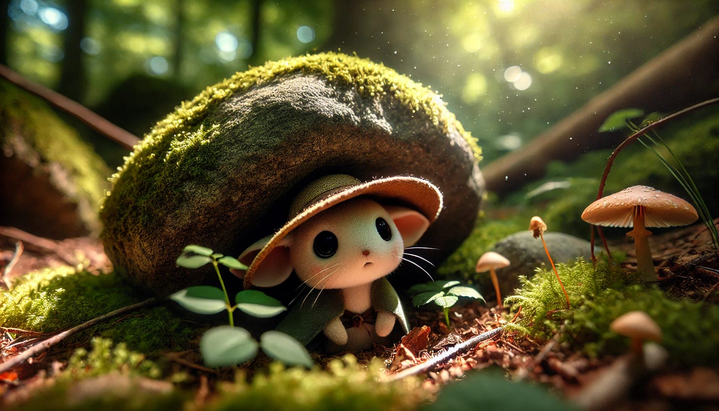 A small creature with a hat peeking out from under a large rock. The scene is set in a lush forest with dappled sunlight filtering through the trees. The creature, resembling a mix between a rabbit and a mouse, has curious eyes and a small smile. The hat is slightly oversized, with a whimsical design, adding a touch of charm. Moss and tiny flowers grow around the rock, enhancing the magical feel of the scene.