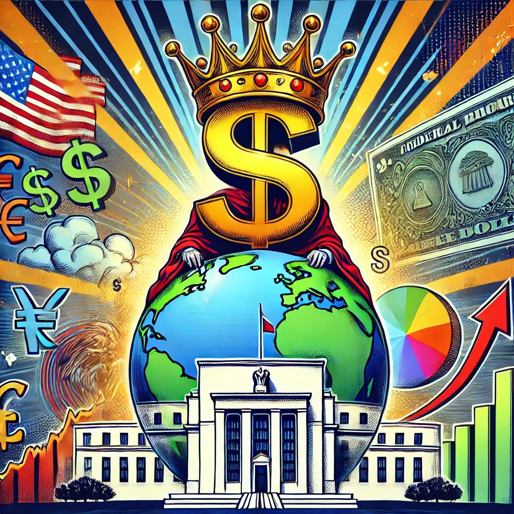 A bold pop-art style illustration titled 'The Fed Cuts Rates and the Dollar is Crowned King of the World.' The concept features a giant dollar symbol wearing a glowing crown, sitting atop a globe to signify its global dominance. The background showcases the Federal Reserve building with dramatic rays of light and currency symbols from around the world orbiting the globe. Vibrant financial charts and stock market graphics frame the scene, with a dynamic color palette of green, gold, blue, and red. The image is designed in a professional pop-art style, energetic and impactful, perfect for a financial newsletter. Format: 16:9, 1920x1080 resolution.