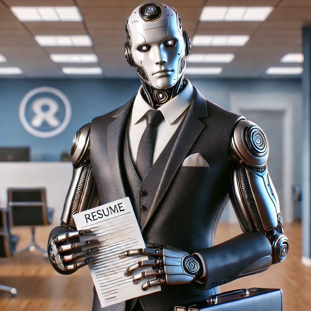 A humanoid robot dressed in a sharp suit and tie, standing confidently as if applying for a job. The robot has a metallic, sleek body with a face that resembles a human but retains robotic features like glowing eyes and subtle circuits. In one hand, it holds a neatly prepared resume, and in the other, it carries a professional-looking briefcase. The background suggests an office environment, with elements like a reception desk and office chairs. The image style is a blend of realistic and animated, with detailed textures but slightly exaggerated features.