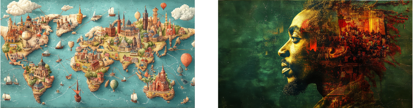 The image blends two imaginative artworks: on the left, a whimsical illustrated map of the world, filled with miniature landmarks, ships, and hot air balloons, showcasing a playful, detailed vision of global cultures. On the right, a surreal portrait of a man with a collage of cityscapes and vibrant scenes blended into his profile, symbolizing the connection between identity and place. Both artworks celebrate the richness of cultures and the interconnectedness of the world through creative visual storytelling.