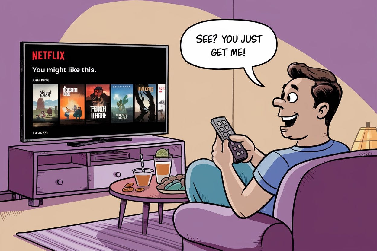 Cartoon illustration: A man sitting on a couch, holding a remote control. Netflix on TV displays the "You might like this." screen. The man says happily: "See? You just get me!" The room is cozy, with a small coffee table holding a drink and snacks, a soft lamp in the corner casting a warm light, and a relaxed, homey atmosphere.