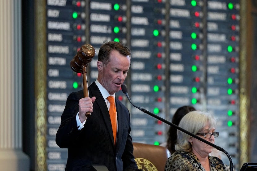 Texas Speaker of the House Dade Phelan oversees debate in the House Chamber at the Texas...