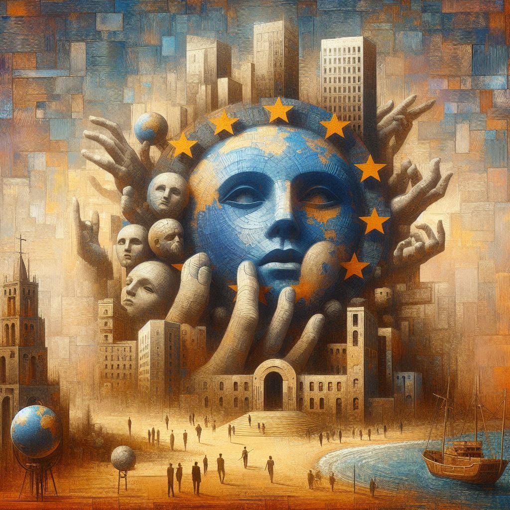 Surreal, symbolic, textured, old painting for an article called Europe Must Assert Itself in the World Stage