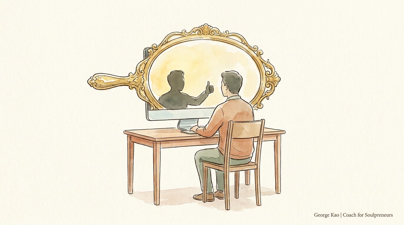A person at a desk, their computer screen a mirror reflecting them back with a thumbs-up