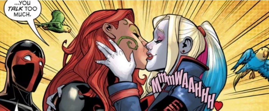 Comic-Szene, in der sich Poison Ivy und Harley Qinn küssen. Dazu der Text: You talk too much. (Bild: DC Comics)