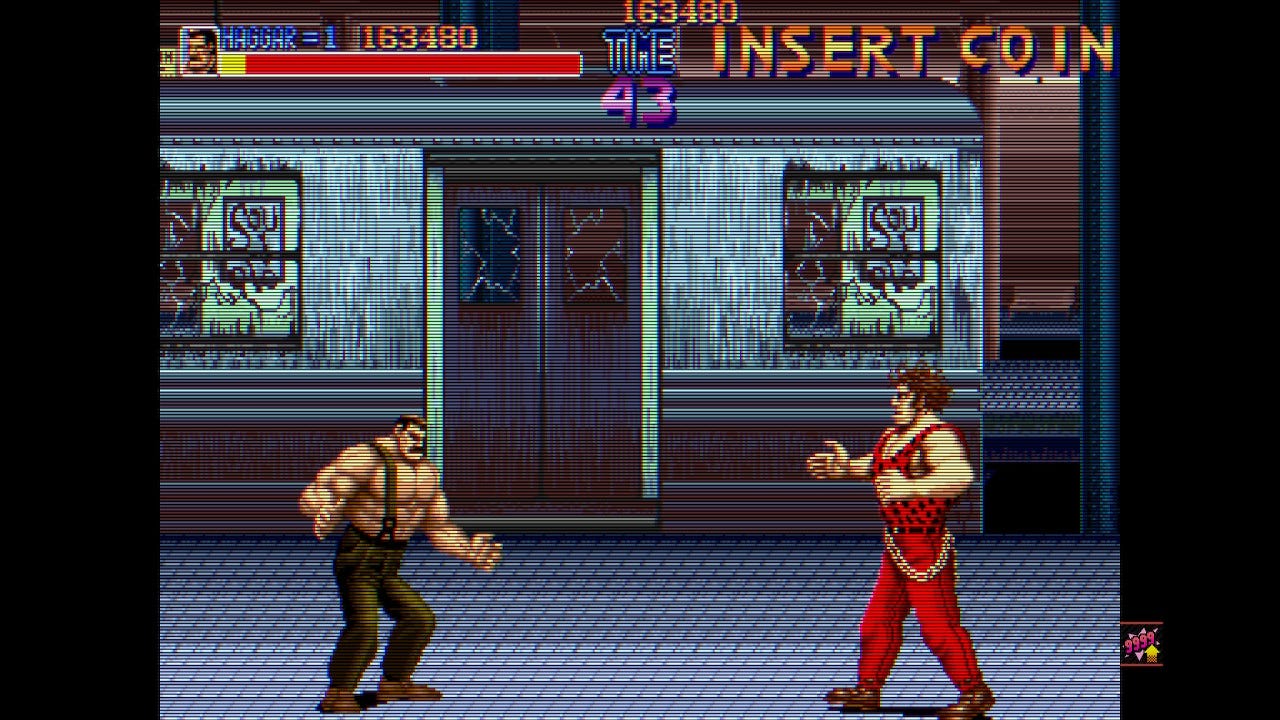 A screenshot from the subway level in Final Fight, featuring playable character and also mayor of the city, Haggar, about to fight Andore, who definitely isn't meant to be Andre the Giant, nope.