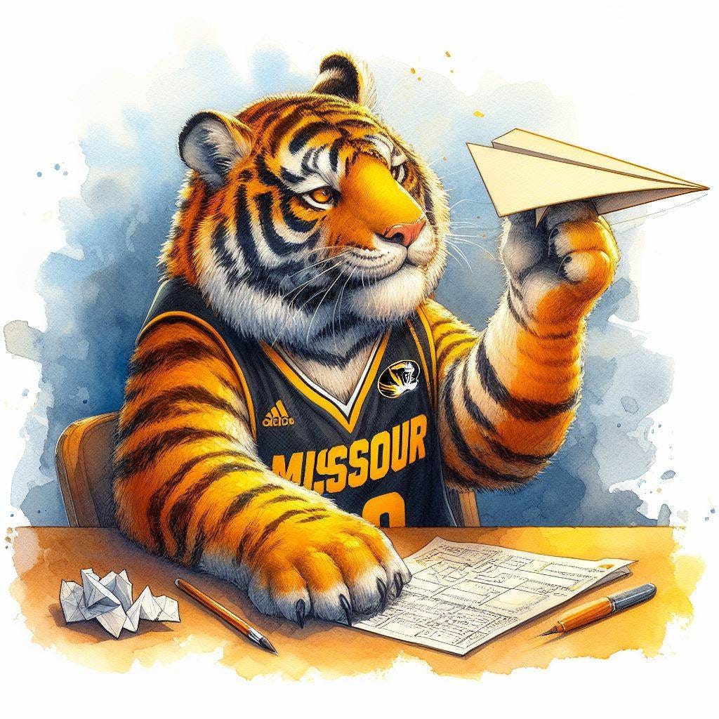 A tiger with a University of Missouri basketball jersey on attempting to fold a paper airplane, watercolor