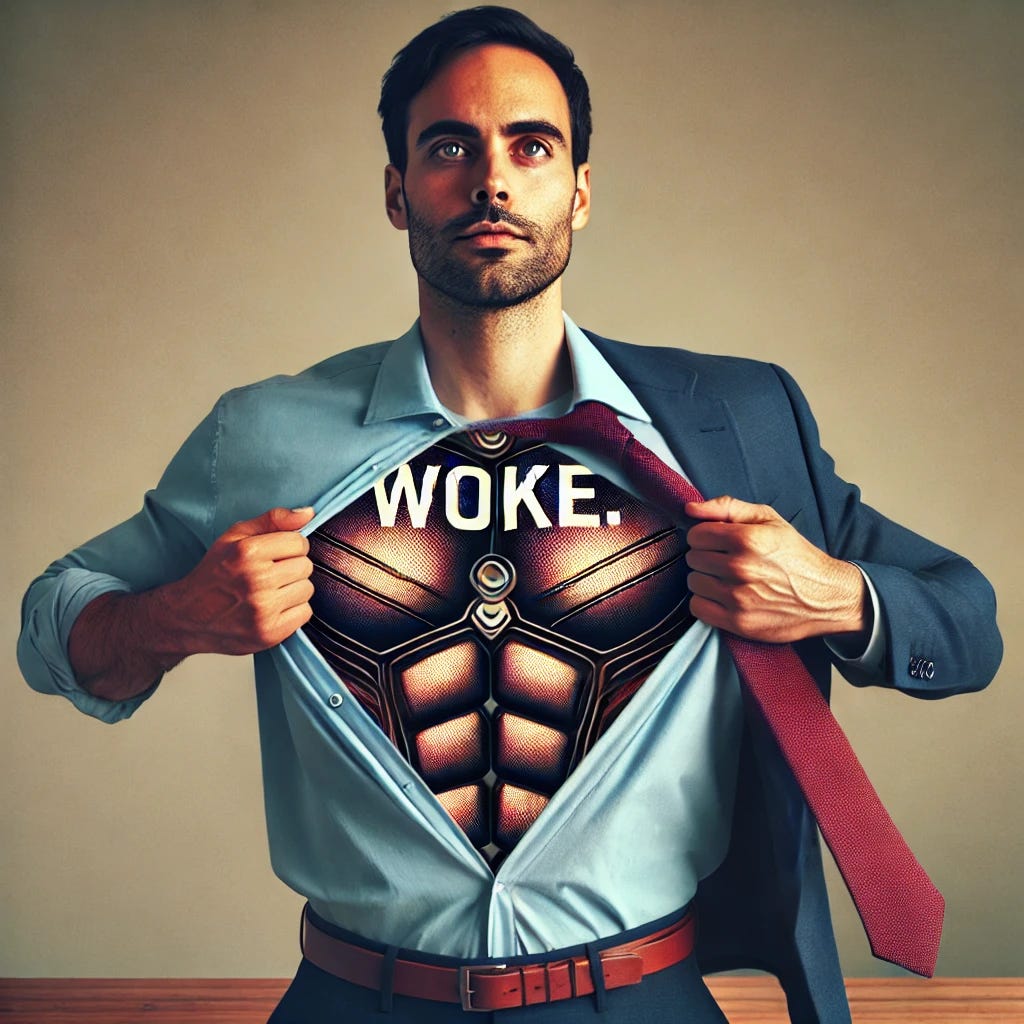 A square image showing a man taking off his shirt to reveal a superhero costume underneath. The man looks confident and determined. The superhero costume is sleek and modern with a bold emblem on the chest that says 'Woke.' The background is simple and neutral, with a focus on the man and his transformation. The colors of the costume are vibrant, contrasting with the everyday clothing being removed.