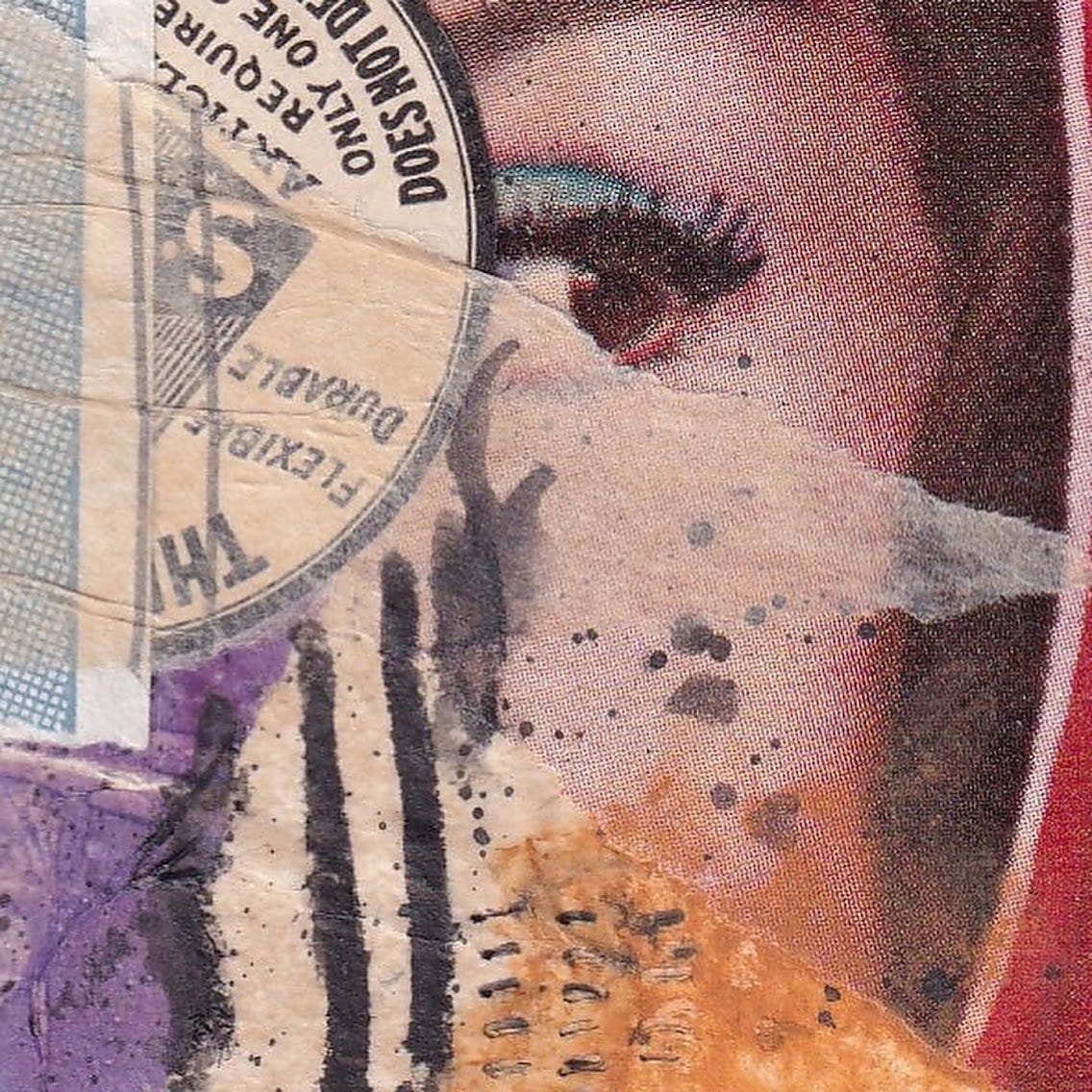 detail shot of analog collage; in view is a woman's left eye, with the rest of her face covered in paper scraps and splotches of graphite