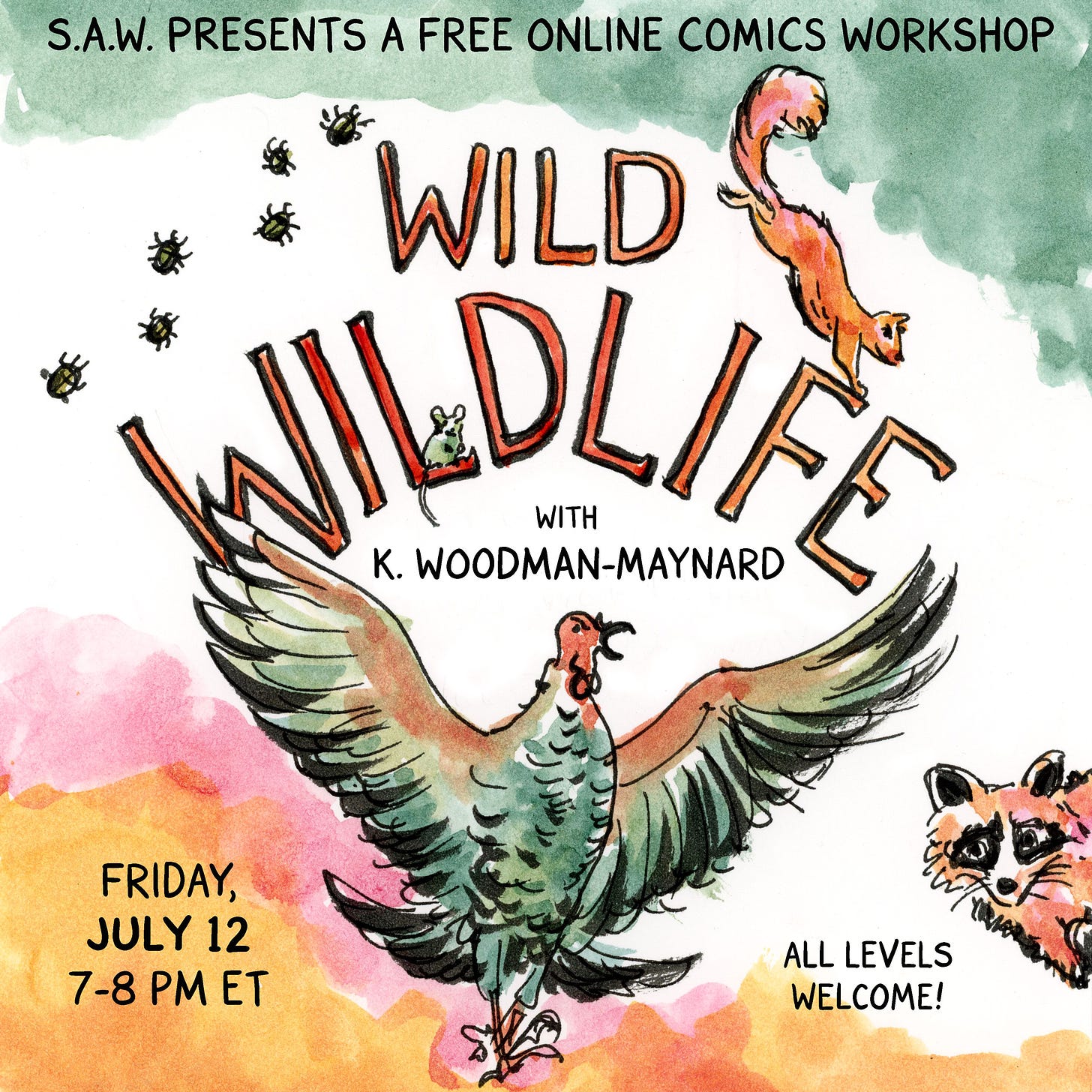 Watercolor comic on Wild Wildlife by K. Woodman-Maynard for a SAW workshop.