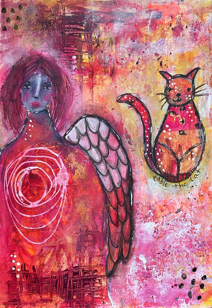 Mixed media intuitive painting of an angel and a cat. Finding renewal in creativity